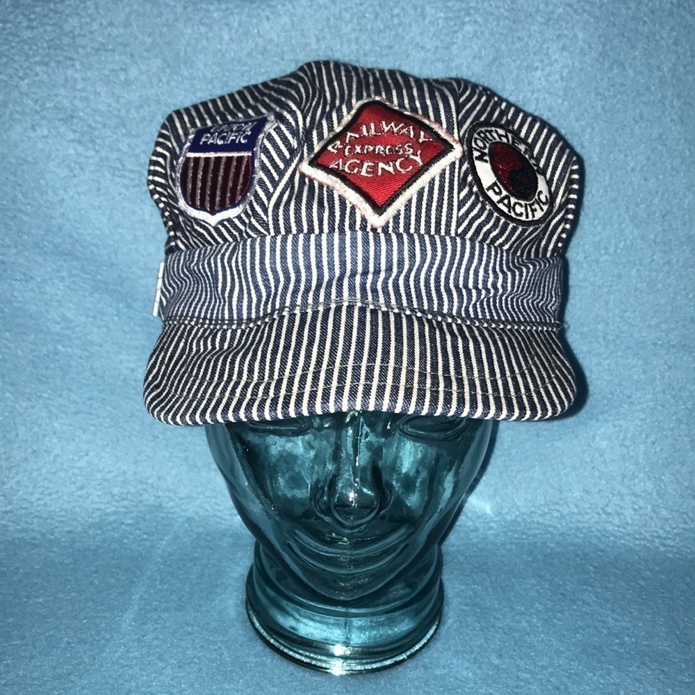 VINTAGE Train Engineer hat cotton rare one of a kind patches and pin size OSFA